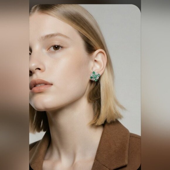 925 Sterling Silver Earrings 1.3x1.3cm with Natural Emerald & Natural Diamonds - Picture 8 of 9